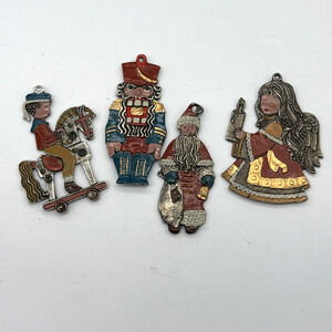 4 VTG Kuhn Zinn Pewter Enamel Christmas Ornaments Horse Nutcracker Santa Angel